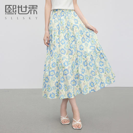 【专属特价】熙世界法式蓝色碎花半身裙女夏季2025新款浪漫复古印花a字蛋糕裙 商品图0