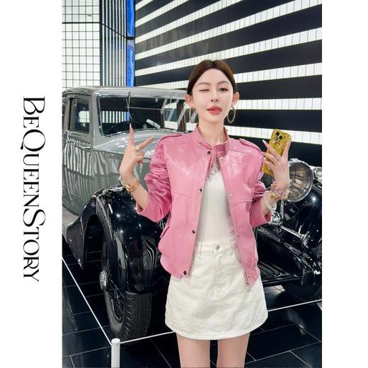 余潇潇【甜酷机车】天然山羊皮革复古时尚立领宽松皮衣2025早秋 商品图3