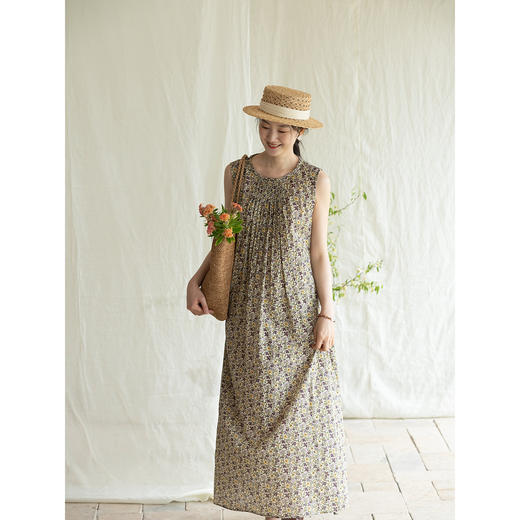 牧衣游原创 印花纯棉无袖连衣裙轻薄通勤文艺气质背心长裙 忘野 商品图3