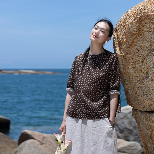牧衣游原创 印花100支进口比马棉套头衫轻薄古朴文艺上衣 栀雉 商品图0