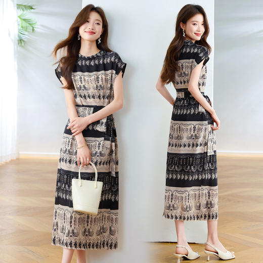 雀说新款女装显瘦气质圆领印花修身长款系带时尚连衣裙AL5013 商品图5