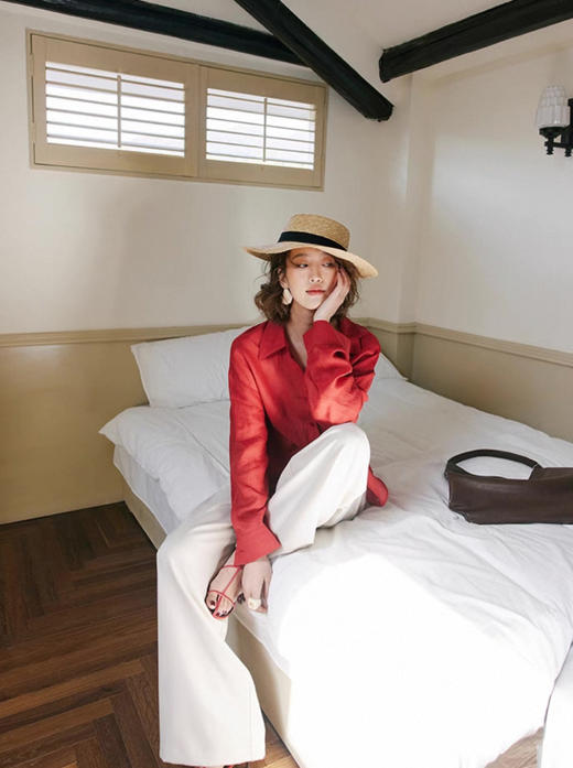 “红”⁥运穿搭番茄红复古棉麻超透气薄衬衫防晒罩衫 商品图4