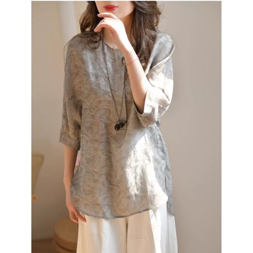 雀说新款文艺宽松大码女装五分袖印花灰色圆领衬衫上衣AL1667 商品图3