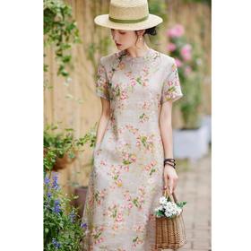 雀说新中式文艺国风宽松大码女装印花斜襟立领改良旗袍连衣裙AL1666