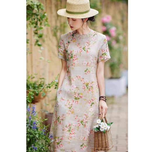 雀说新中式文艺国风宽松大码女装印花斜襟立领改良旗袍连衣裙AL1666 商品图0