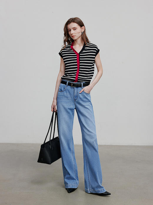 初语不对称撞色V领连袖针织衫女新款百搭收腰条纹上衣 商品图3