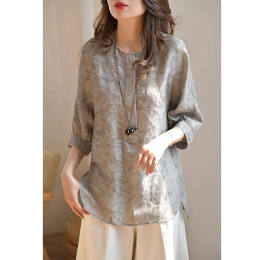 雀说新款文艺宽松大码女装五分袖印花灰色圆领衬衫上衣AL1667 商品图2