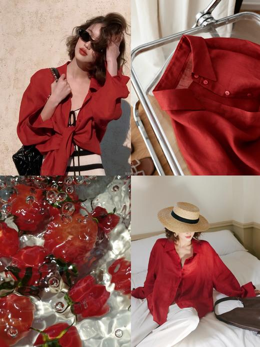 “红”⁥运穿搭番茄红复古棉麻超透气薄衬衫防晒罩衫 商品图0