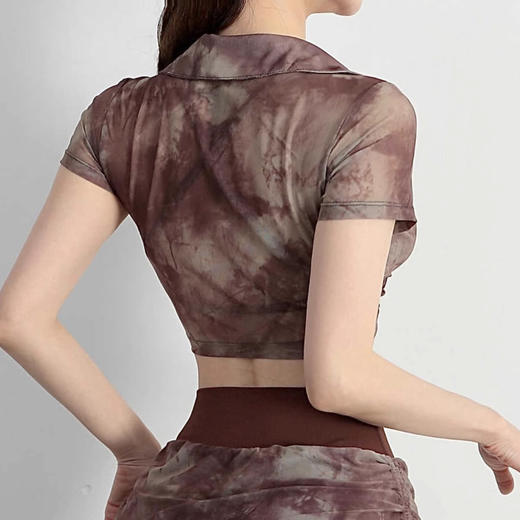 【限时秒】YOGACODE【火树银花系列】印花网纱性感运动短袖女春夏休闲运动T恤修身瑜伽服健身上衣DST786 商品图2