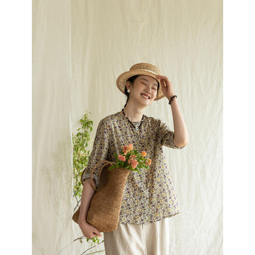 牧衣游原创印花100支进口比马棉衬衫新款通勤文艺百搭衬衣 匿雪词 商品图3