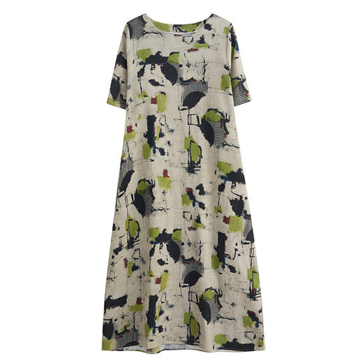 雀说新款棉麻花宽松短袖过膝连衣裙复古气质AL8363 商品图4