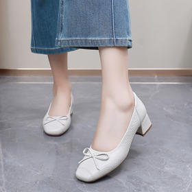 雀说头层牛皮小单鞋新款浅口小香风蝴蝶结压花四季豆豆女鞋AL3031