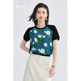 剩S/M/L/XL 米思阳2025夏新品百搭休闲风印花真丝T恤宽松舒适上衣女3838