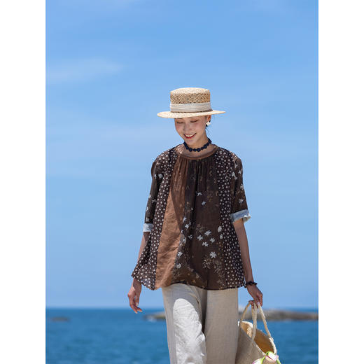 牧衣游原创 印花30支新疆棉套头衫通勤显瘦古朴文艺气质上衣 浅叙 商品图1