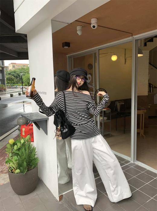 【GZ】无忧购“清仓大促”韩版休闲百搭斜肩条纹长袖T恤8122（截单后3-5天发货) 商品图5