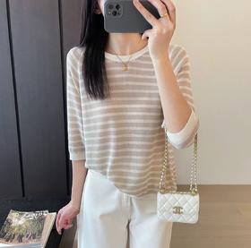 ✨【之禾同款亚麻天丝条纹针织衫】亚麻➕天丝💃凉感暴击！ 米灰条纹显贵不挑皮👑 