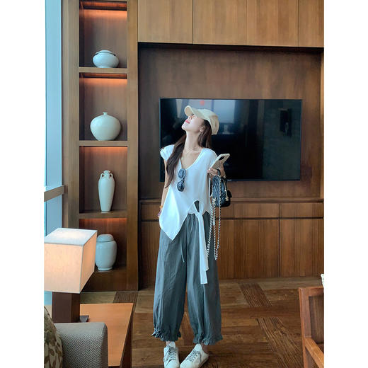 <曾小咸推荐>圆领木耳边设计绑绳收腰短袖T恤 商品图4