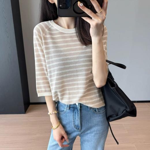 ✨【之禾同款亚麻天丝条纹针织衫】亚麻➕天丝💃凉感暴击！ 米灰条纹显贵不挑皮👑  商品图6