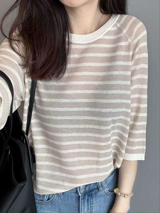 ✨【之禾同款亚麻天丝条纹针织衫】亚麻➕天丝💃凉感暴击！ 米灰条纹显贵不挑皮👑  商品图5
