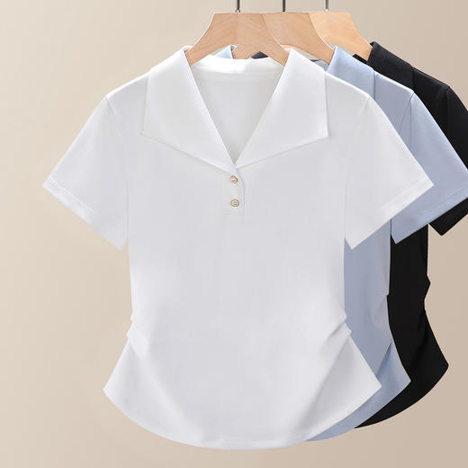 「自」全新升级【铂金会员109/天猫139/差价30】(14143)洛诗琳Polo领正肩t恤2025夏季设计感小众翻领掐腰显瘦上衣 商品图1