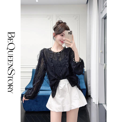 【孤品样衣，不退不换】【纯欲芭蕾】2025年春装手工编绳拼接蕾丝国风圆领上衣 商品图2