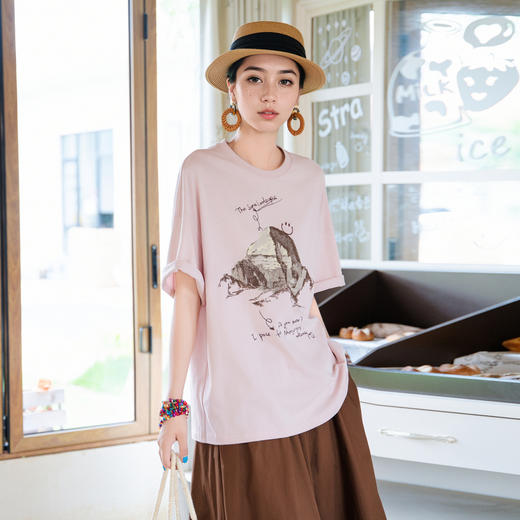谜底印花T恤短袖女2025夏新款圆领粉色原创绣花宽松上衣256MT6023 商品图2