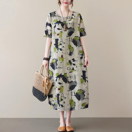 雀说新款棉麻花宽松短袖过膝连衣裙复古气质AL8363 商品图1