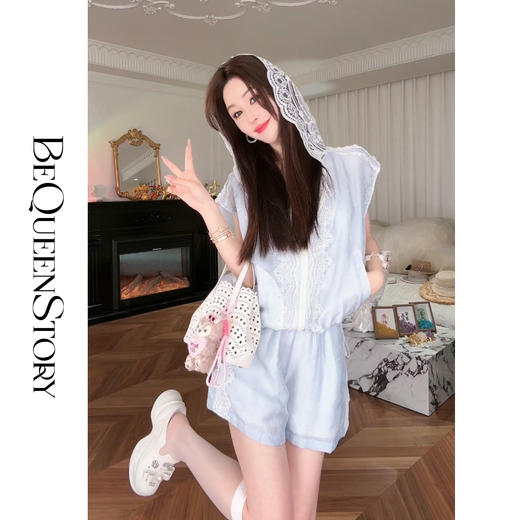 BeQueenStory【都市图鉴】透视感暗花纹蕾丝连帽外套&抽绳松紧短裤 商品图3