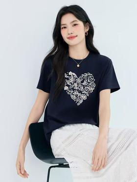 品牌订单凉感重工爱心花朵钉珠绣花短袖T恤