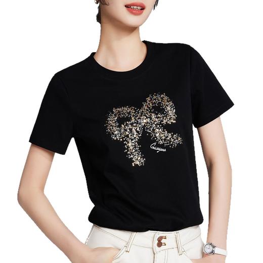 「自」全新升级【铂金会员119/天猫159/差价40】(14004)洛诗琳新款时尚刺绣T恤2025夏季蝴蝶结圆领袖丝光棉短袖上衣 商品图4