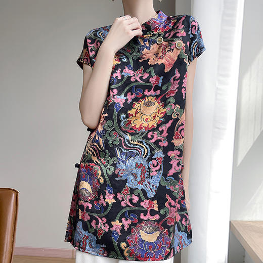 雀说新中式复古立领国风设计感针织短袖夏季舒适透气薄款丝滑缎面上衣AL4760 商品图3