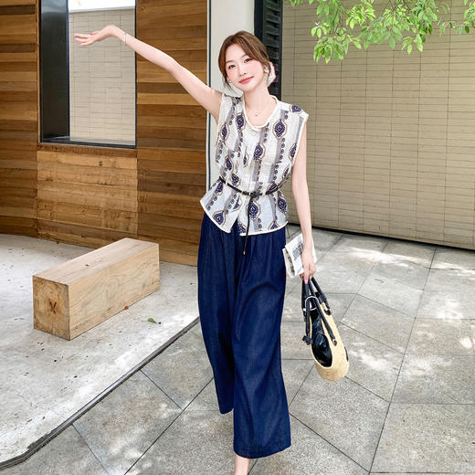 ZZB199 26291盐甜系穿搭复古无袖印花上衣套装女夏季新款轻薄显瘦阔腿裤两件套 商品图1
