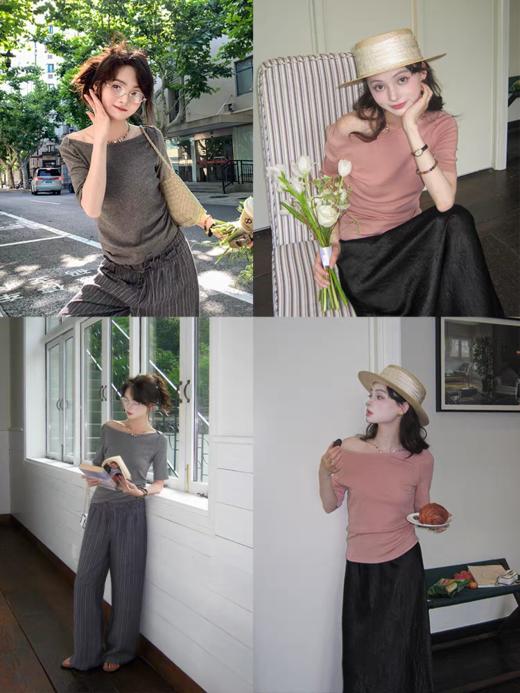 浮生八记/25B100/修身显瘦一字领短袖T恤 商品图3