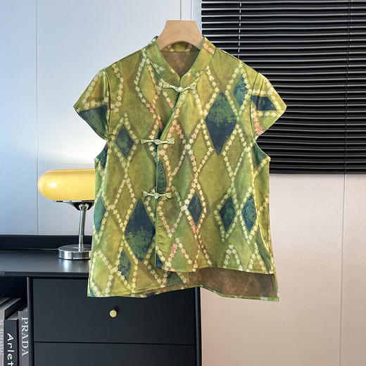 雀说新中式复古改良唐装立领盘扣缎面提花马甲女背心国风马夹上衣AL2797 商品图0