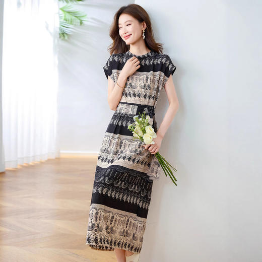 雀说新款女装显瘦气质圆领印花修身长款系带时尚连衣裙AL5013 商品图1