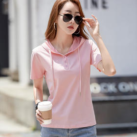 雀说棉连帽t恤女短袖新款宽松休闲修身纯色百搭上衣AL6699