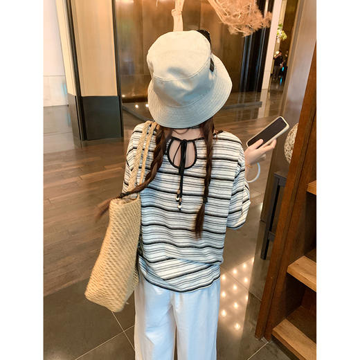 <曾小咸推荐>韩系长袖圆领条纹长袖T恤，黑杏条纹限时券后价63.29！【预售款，预计3-15天】 商品图2