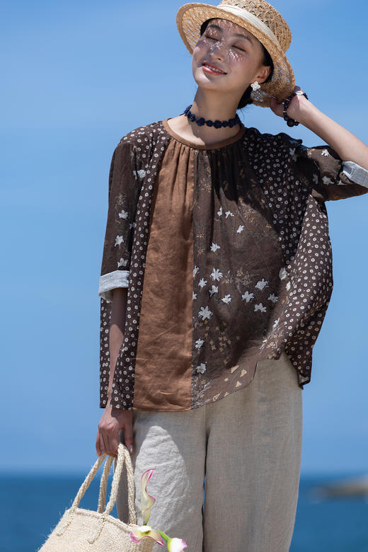 牧衣游原创 印花30支新疆棉套头衫通勤显瘦古朴文艺气质上衣 浅叙 商品图5