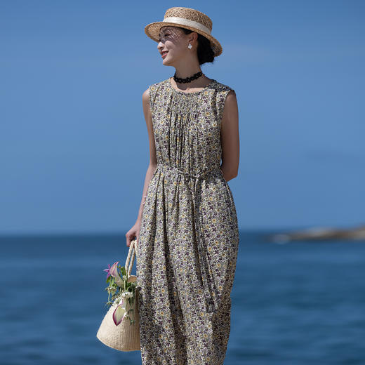 牧衣游原创 印花纯棉无袖连衣裙轻薄通勤文艺气质背心长裙 忘野 商品图0