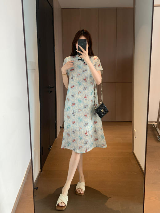 金鱼彩蝶中式立领半斜门襟盘扣H型国风苎麻旗袍裙 商品图7