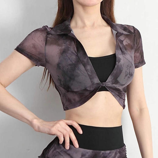 【限时秒】YOGACODE【火树银花系列】印花网纱性感运动短袖女春夏休闲运动T恤修身瑜伽服健身上衣DST786 商品图3