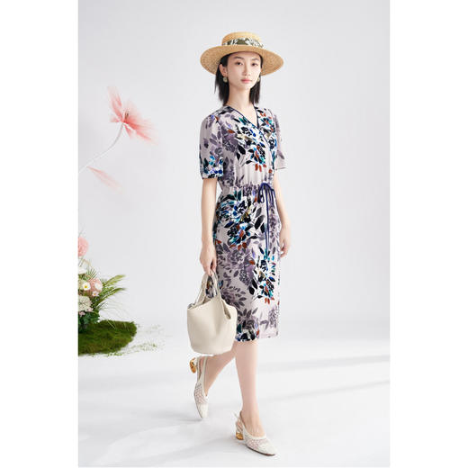 米思阳2025夏新品知性优雅花卉印花连衣裙系带收腰显瘦裙子女3686 商品图4