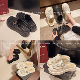 【日常通勤】夏季新款百搭镂空拖鞋女外穿松糕底厚底包头编织复古透气半拖。ry