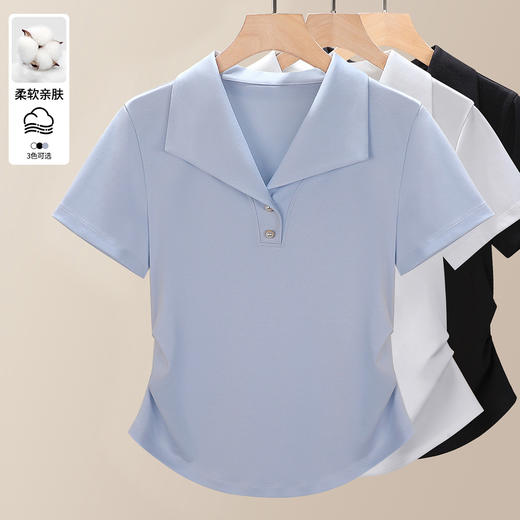 「自」全新升级【铂金会员109/天猫139/差价30】(14143)洛诗琳Polo领正肩t恤2025夏季设计感小众翻领掐腰显瘦上衣 商品图0