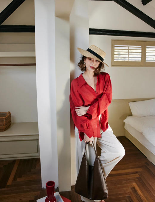 “红”⁥运穿搭番茄红复古棉麻超透气薄衬衫防晒罩衫 商品图2