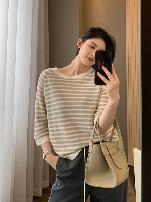 ✨【之禾同款亚麻天丝条纹针织衫】亚麻➕天丝💃凉感暴击！ 米灰条纹显贵不挑皮👑  商品图1