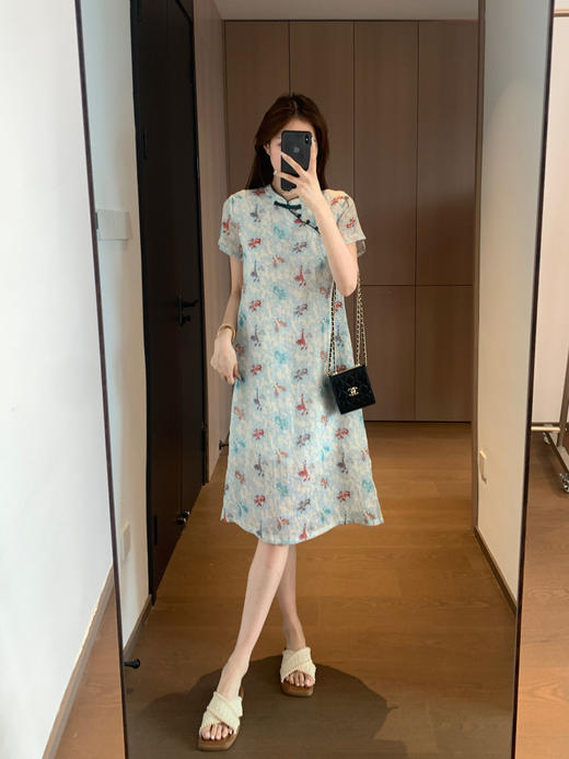 金鱼彩蝶中式立领半斜门襟盘扣H型国风苎麻旗袍裙 商品图8