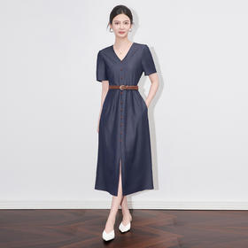 「高货wl」全新升级【铂金会员358/天猫479/差价121】(14633)洛诗琳复古干练气质连衣裙2025夏季开衩V领短袖牛仔裙女