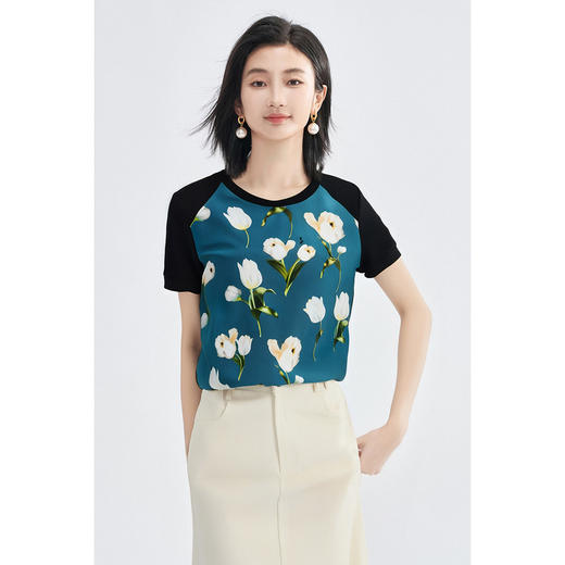 剩S/M/L/XL 米思阳2025夏新品百搭休闲风印花真丝T恤宽松舒适上衣女3838 商品图3
