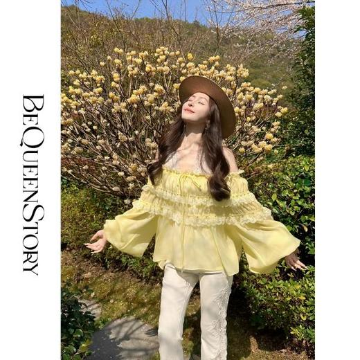 BeQueenStory【温柔水仙】层次感花边手工钉珠一字肩长袖衬衣 商品图4